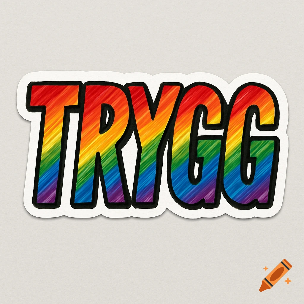 The word TRYGG rendered in large, bold, rainbow-colored letters with black outlines, resembling a sticker.