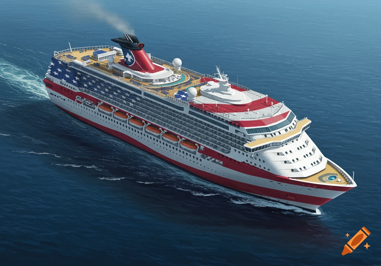 Large cruise ship painted with American flag colors sails on blue water, seen from an aerial view.