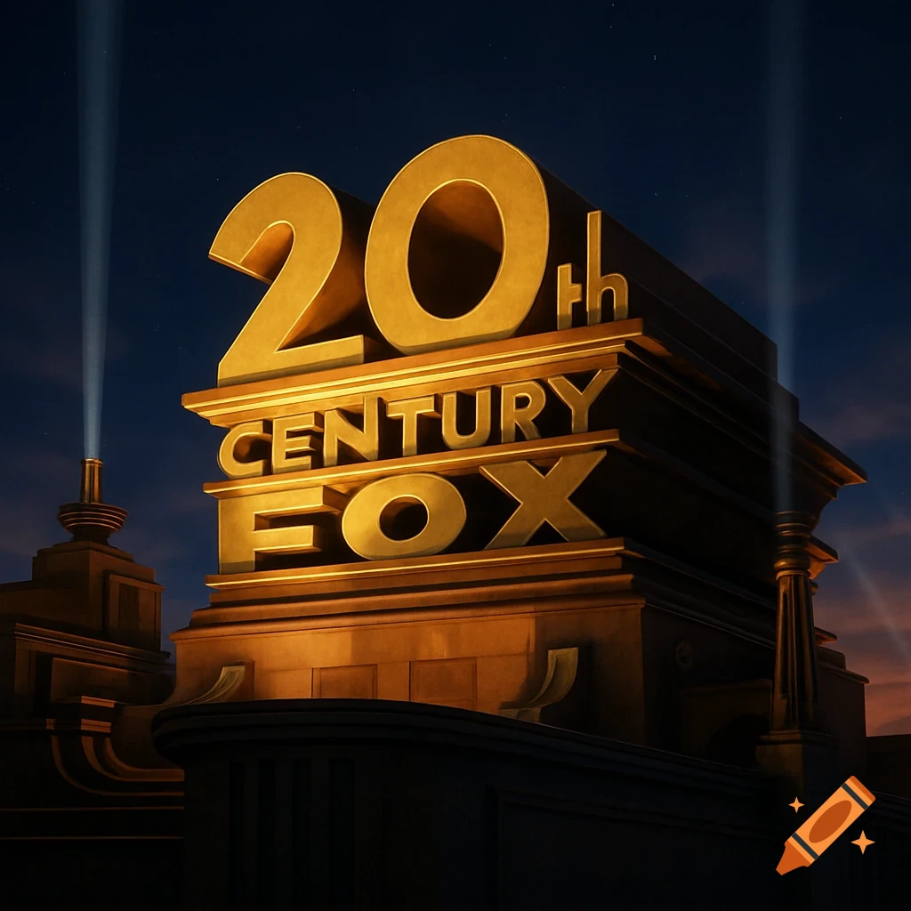 Golden 20th Century Fox logo atop a monumental structure, lit by spotlights against a starry twilight sky.
