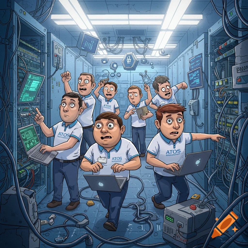 Cartoon image of panicked IT workers in a server room, surrounded by wires and monitors, looking confused.