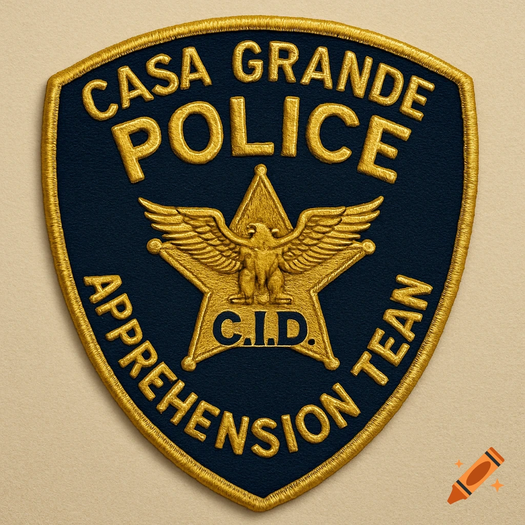 Gold and blue embroidered police patch for Casa Grande Police C.I.D. Apprehension Team.