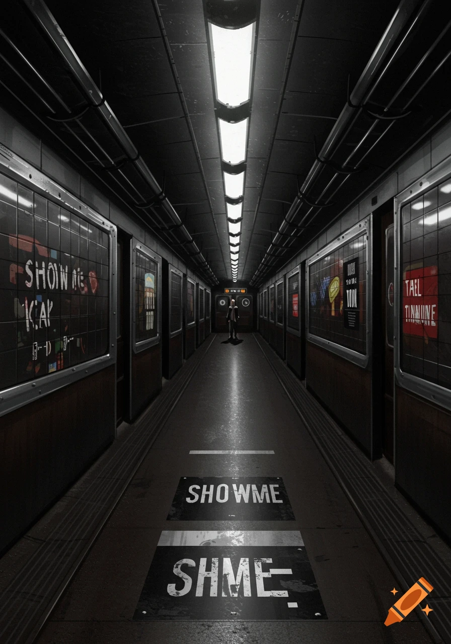 A dark, empty subway car interior with glowing overhead lights, posters on the walls, and distorted text on the floor leading to a distant figure.