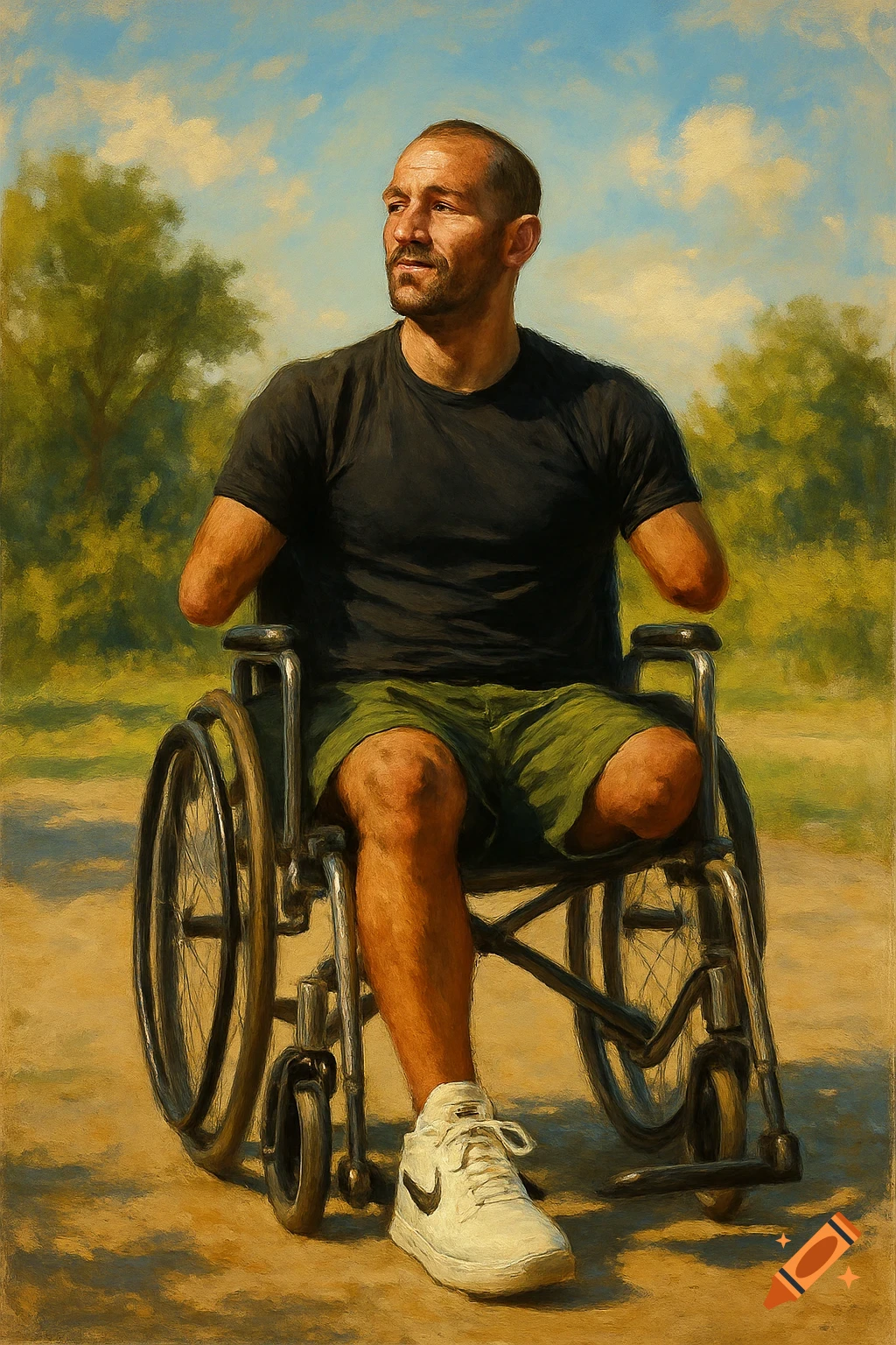 A painted portrait of a man with amputated arms and a leg, sitting in a wheelchair outdoors on a sunny day.