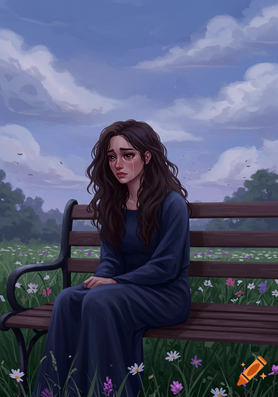 A digital illustration of a woman with long dark hair crying on a park bench surrounded by wildflowers under a cloudy sky.