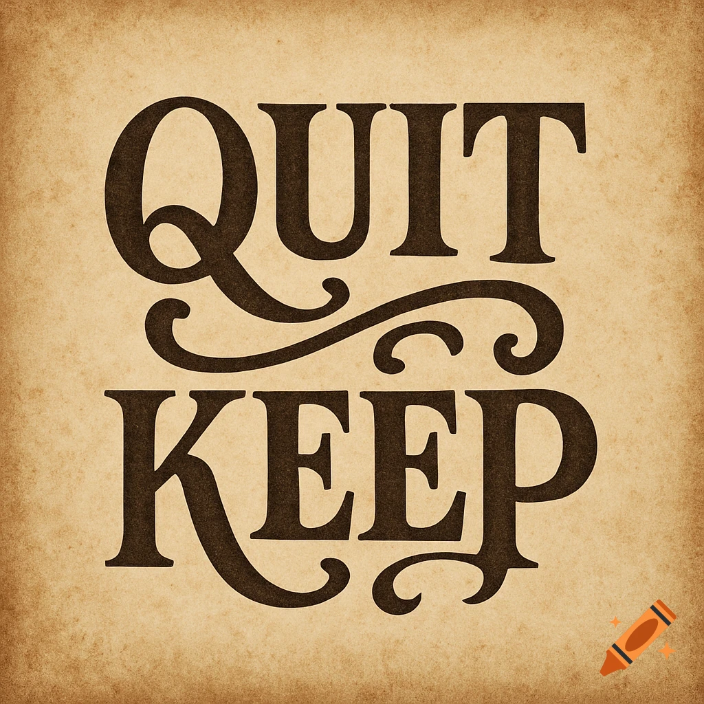 A rotational ambigram featuring the word QUIT on top, which reads as KEEP when inverted, against a vintage textured background.