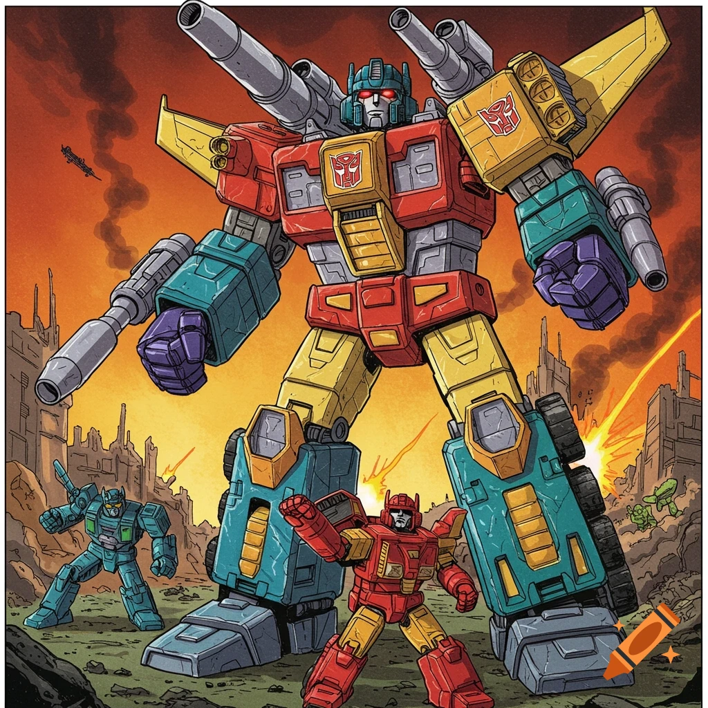 A large, colorful Transformers robot stands over two smaller robots in a ruined city at sunset, in a comic art style.