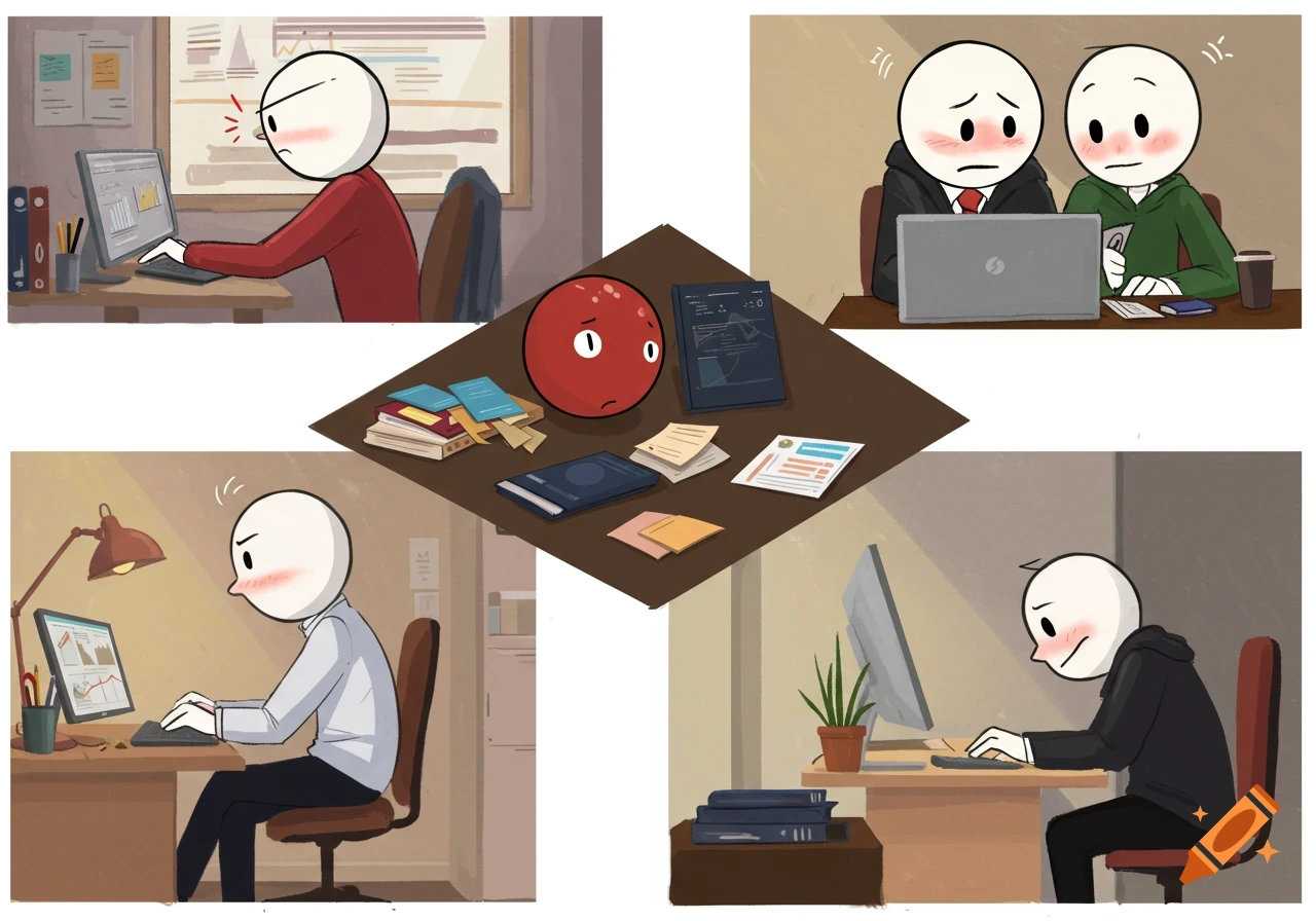 A multi-panel comic of stick figures working and shyly interacting, featuring a sad red character on a table.