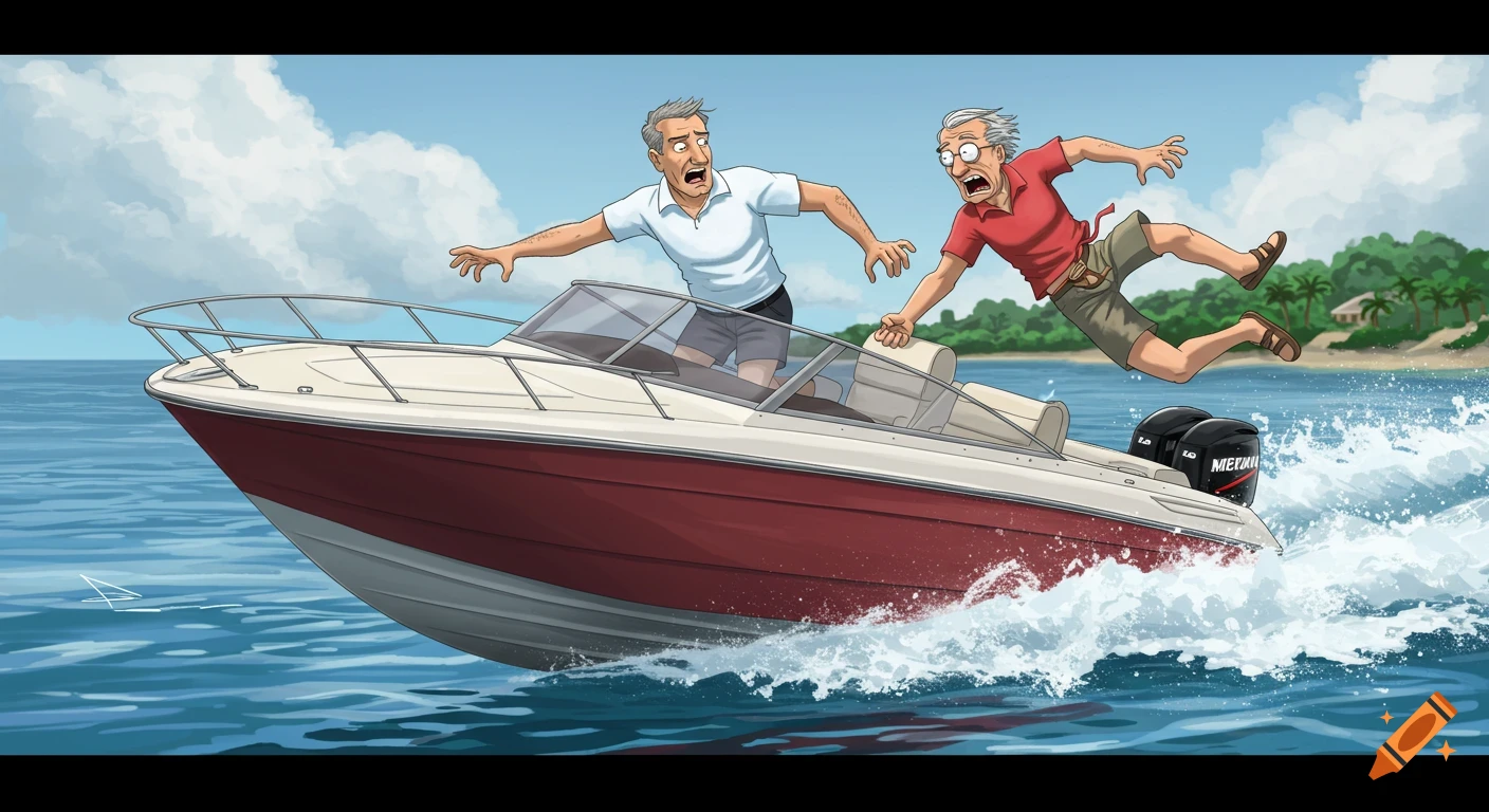 Two older cartoon men on a red and white speed boat, one in white shirt in the boat, one in red shirt jumping out of it, creating a large wake on the blue ocean with an island in the background.