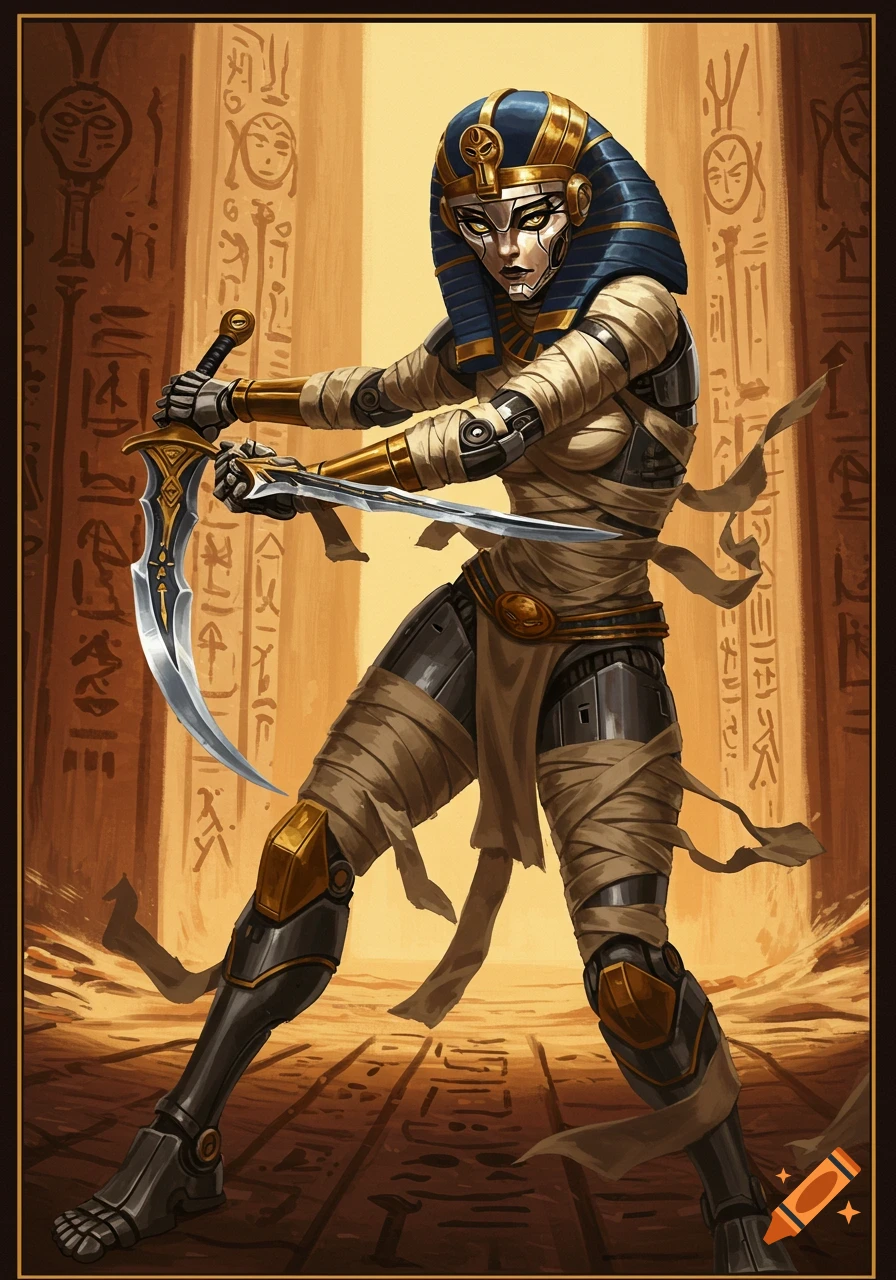 A female robot warrior with an Egyptian pharaoh headpiece and mummy wrappings holds two curved blades in an ancient temple.
