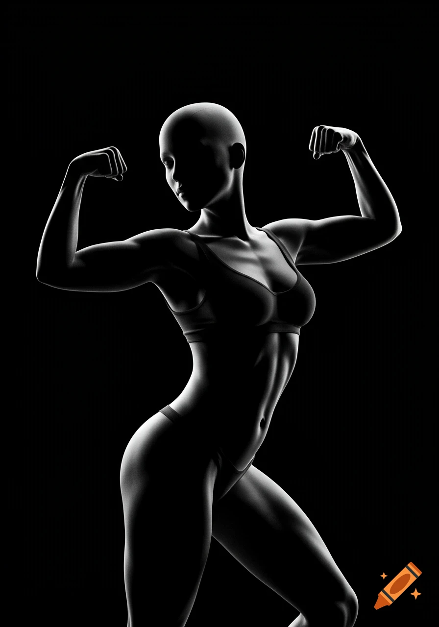 A stylized, bald, featureless female figure in a sports bra and underwear flexes muscles in a high-contrast, black and white render.