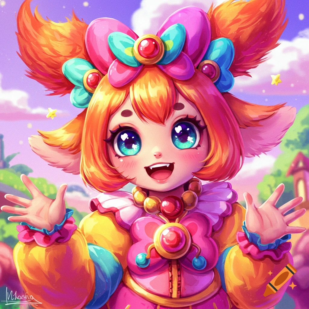 A vibrant, colorful anime-style character with large, sparkling blue eyes, orange hair, and animal ears, wearing a pink and yellow costume with ribbons and jewels, smiling cheerfully against a whimsical background.