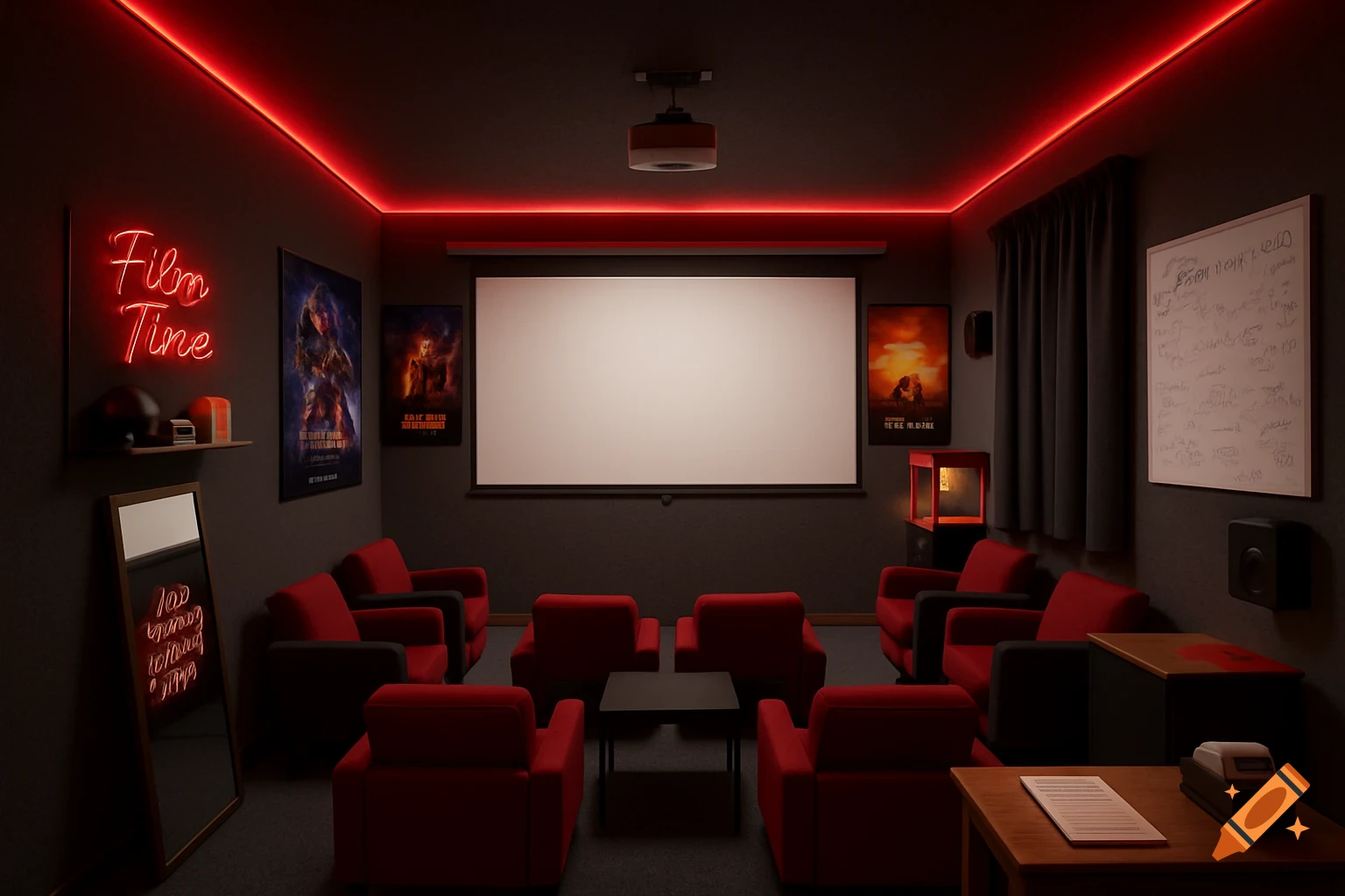 A photorealistic home cinema setup with red neon lighting, a large screen, and multiple red armchairs, set in a dark room.