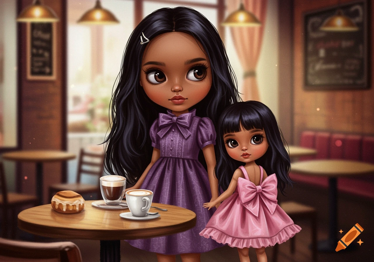 Digital illustration of two large-eyed doll-like girls, one in a purple dress and one in a pink dress, in a cafe setting.