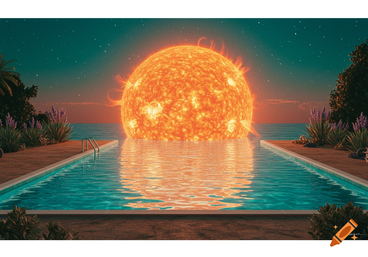 A surreal painting depicts a giant glowing sun half-submerged in a swimming pool at night, with an ocean and starry sky in the background.