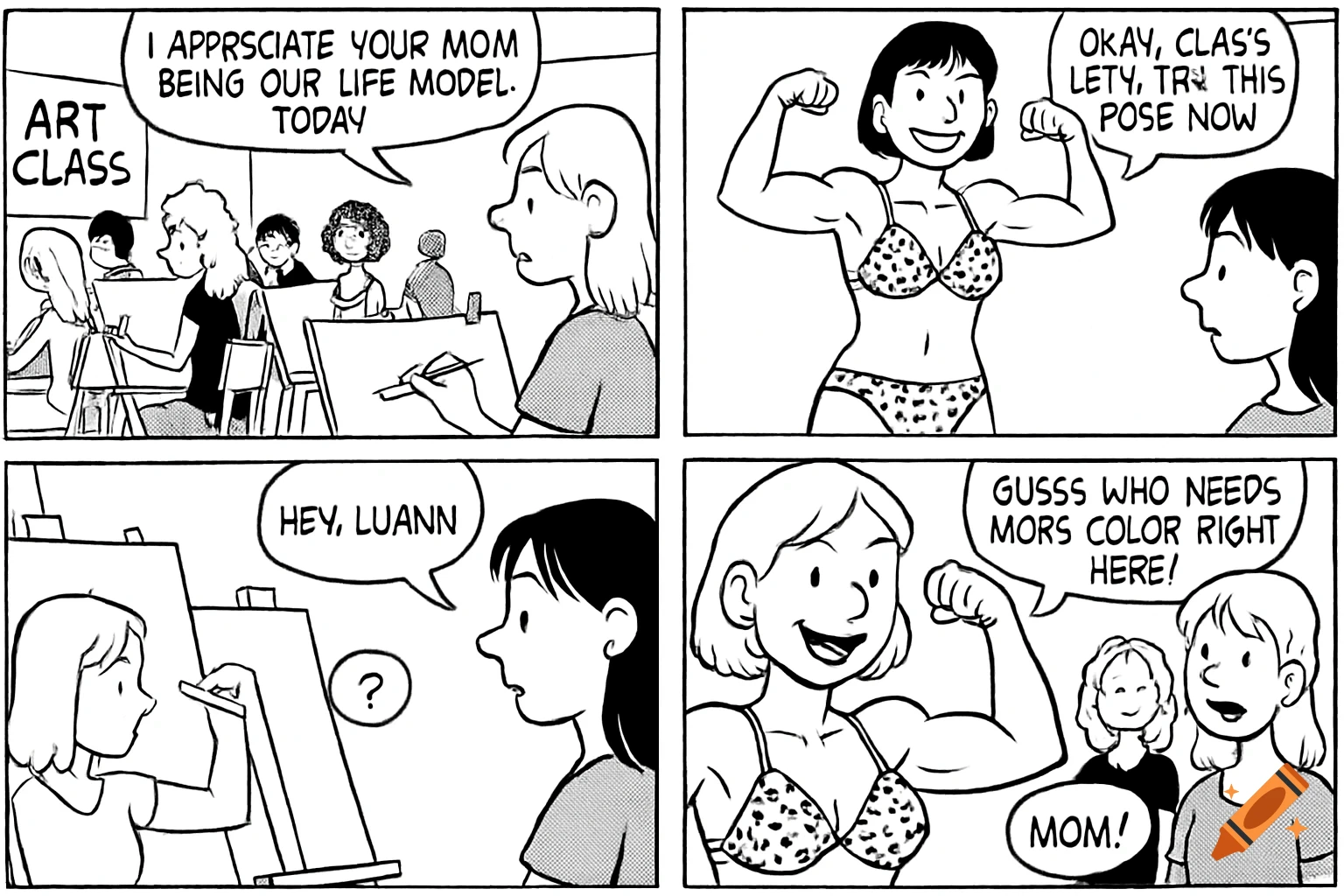 A four-panel black and white comic strip shows a woman flexing in a leopard print bikini in an art class. Students draw her as she poses and interacts with her daughter.