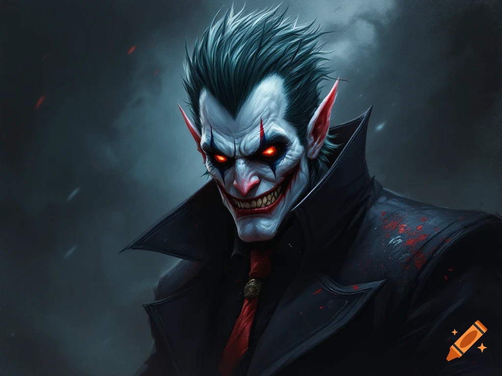 A menacing male character with a pale face, red eyes, pointed ears, and sharp teeth grins in a black trench coat with red splatters.