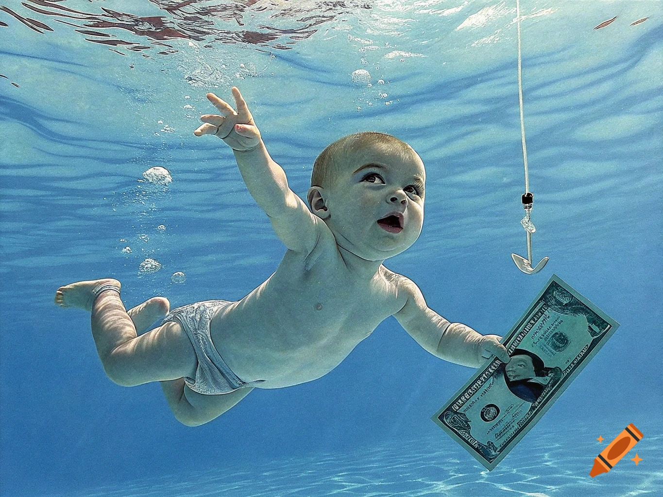A baby wearing a diaper swims underwater toward a dollar bill on a fishing hook, inspired by a famous album cover.