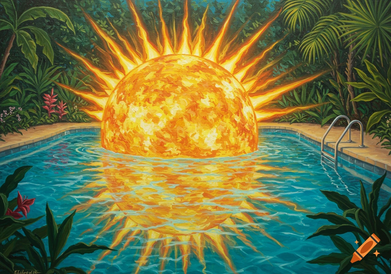 Surreal painting of a giant glowing orange sun partially submerged in a turquoise swimming pool, reflecting in the water, surrounded by tropical plants.