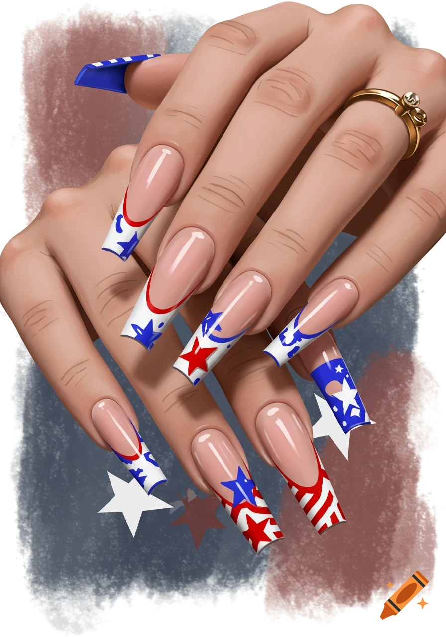Digital illustration of hands with long coffin-shaped French tip nails decorated with red, white, and blue stars and stripes.