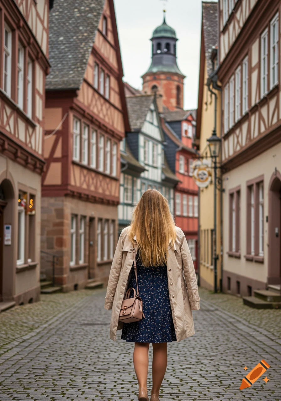A woman from behind walks down a cobblestone street lined with historic half-timbered buildings in a German town.