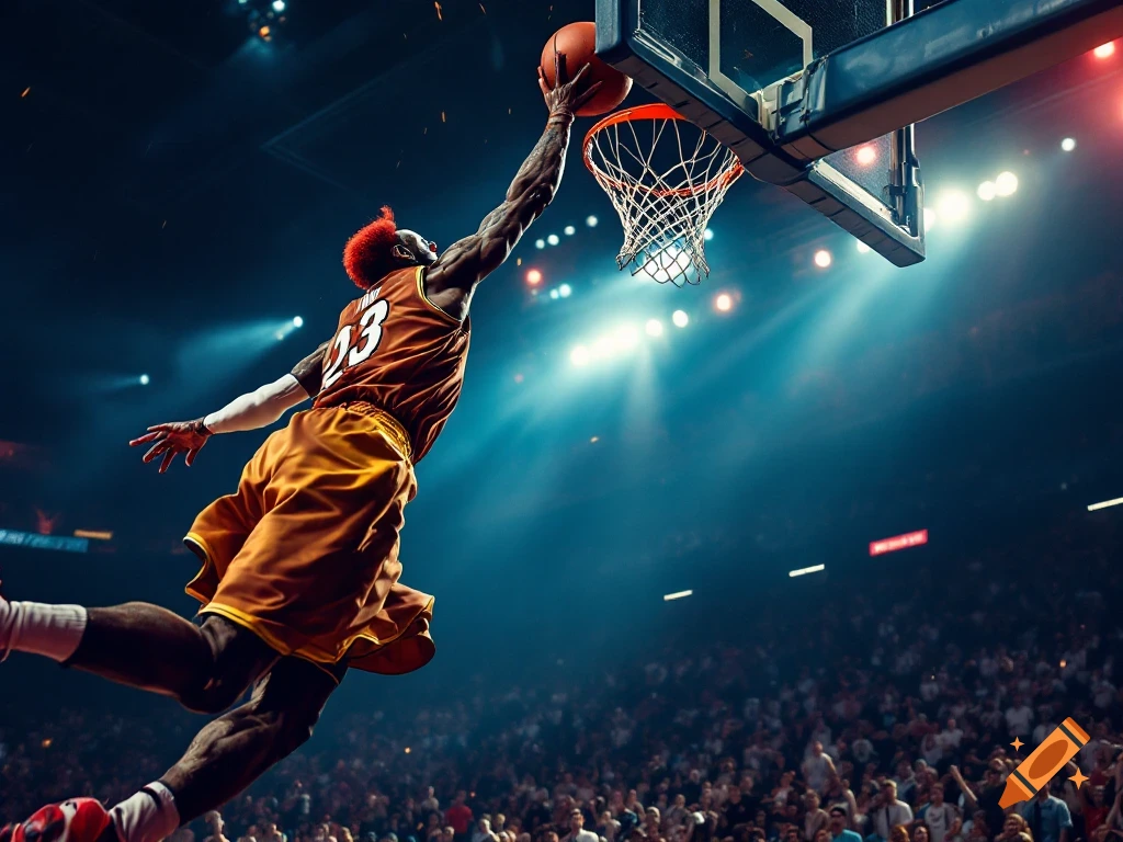 A photorealistic image of a basketball player in an orange jersey with red hair dunking a basketball in a stadium.