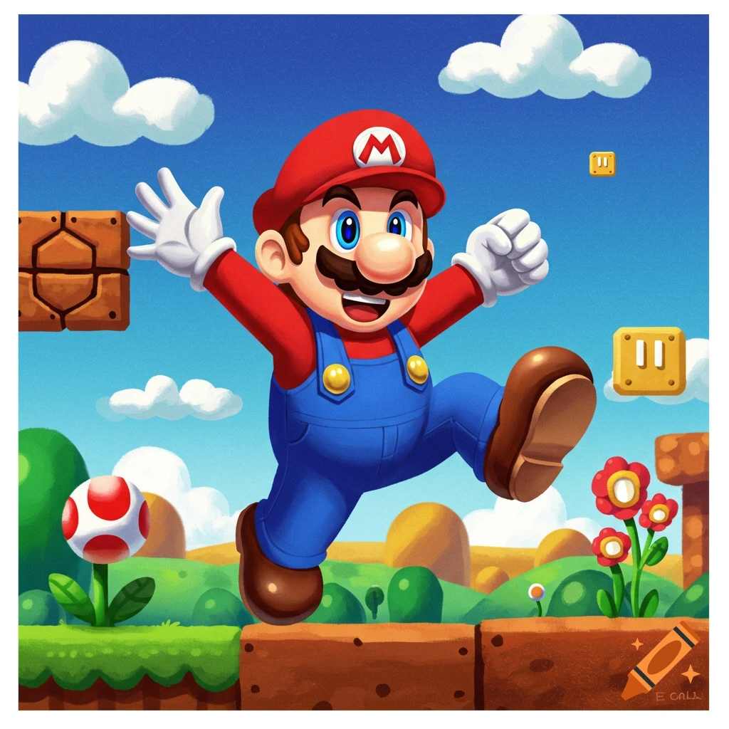 Mario jumps in a vibrant, stylized Super Mario Bros. landscape with iconic blocks, a mushroom, and flowers under a blue sky.