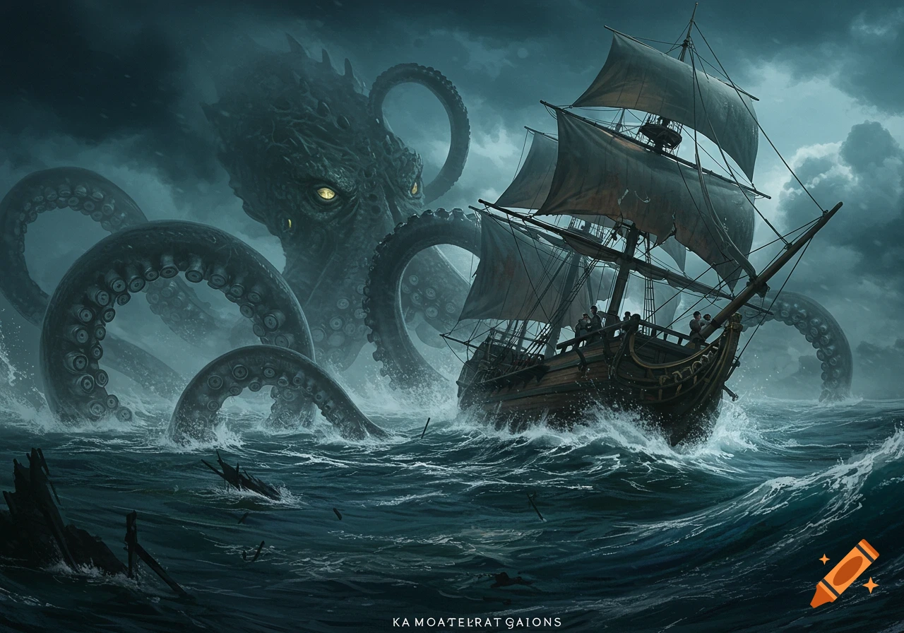 A colossal kraken with glowing eyes attacks a sailing ship amidst stormy, dark seas, its tentacles looming over the vessel.