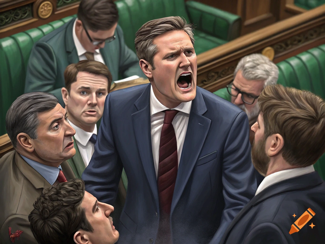 Keir Starmer shouting in a parliamentary chamber surrounded by other Members of Parliament.
