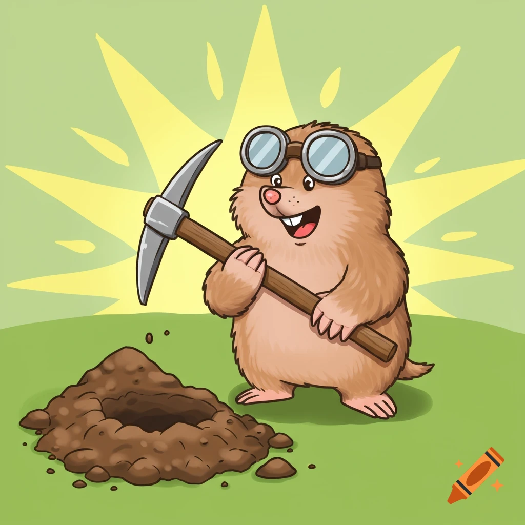 A cartoon light brown mole with aviator goggles holds a pickaxe next to a dirt molehill.