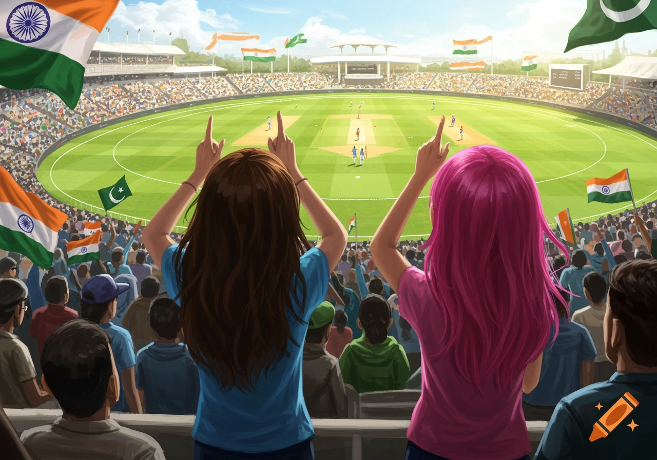 Two girls from behind watch a cricket match in a stadium, surrounded by spectators and national flags.