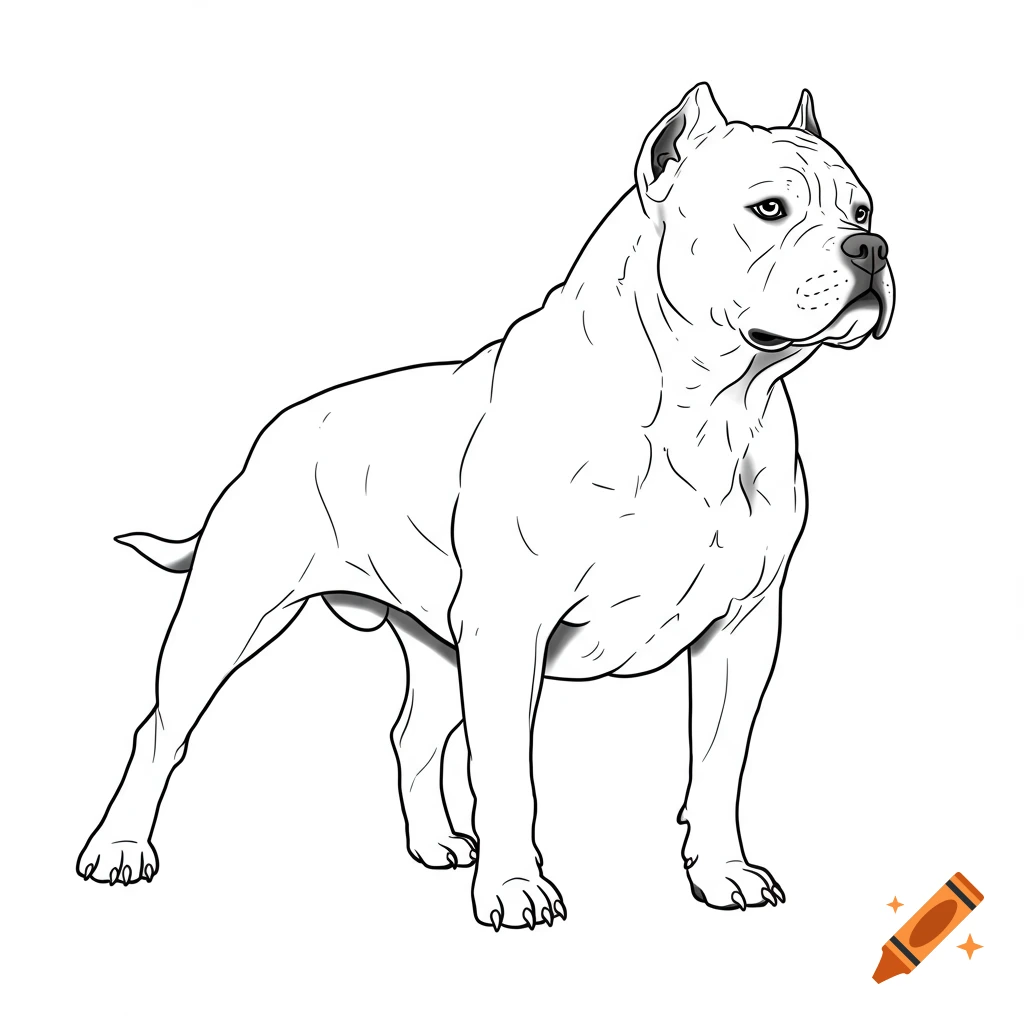 Black and white line art illustration of a muscular American Bulldog standing confidently.