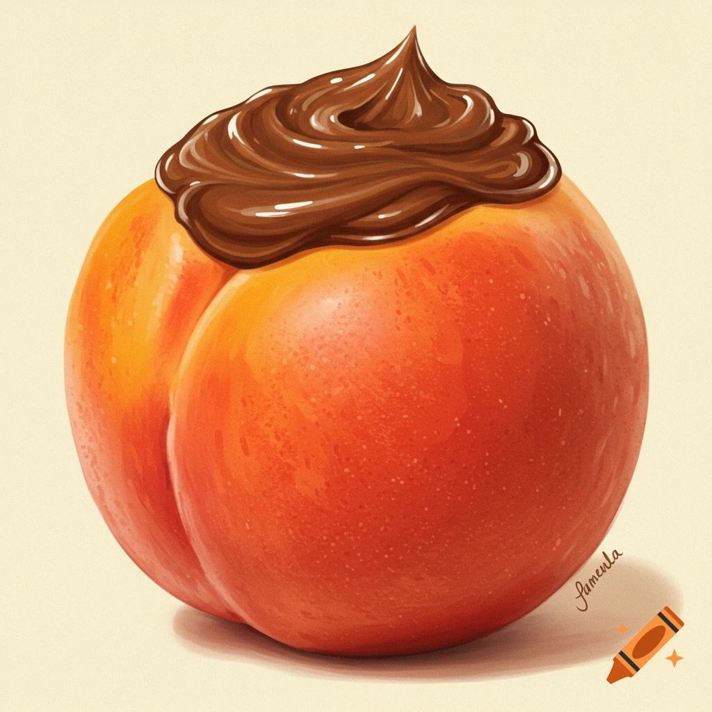 Digital illustration of a peach with a dollop of melted chocolate on top.