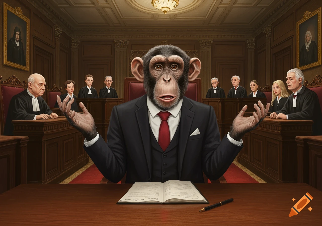 A chimpanzee in a suit sits at a courtroom table, hands open, surrounded by human judges. Photorealistic art.