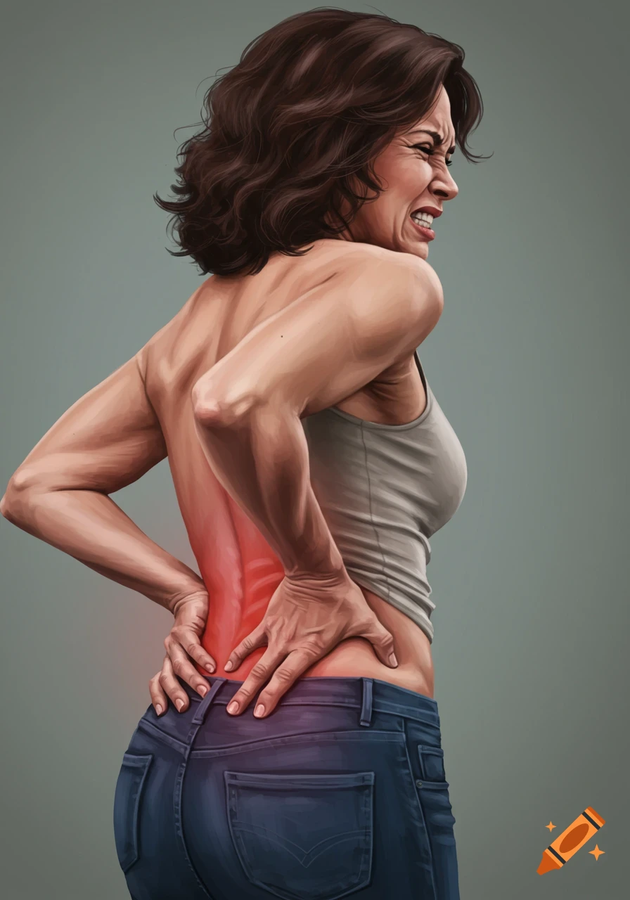 Illustration of a woman grimacing in pain and clutching her lower back, highlighted in red, wearing a tank top and jeans.