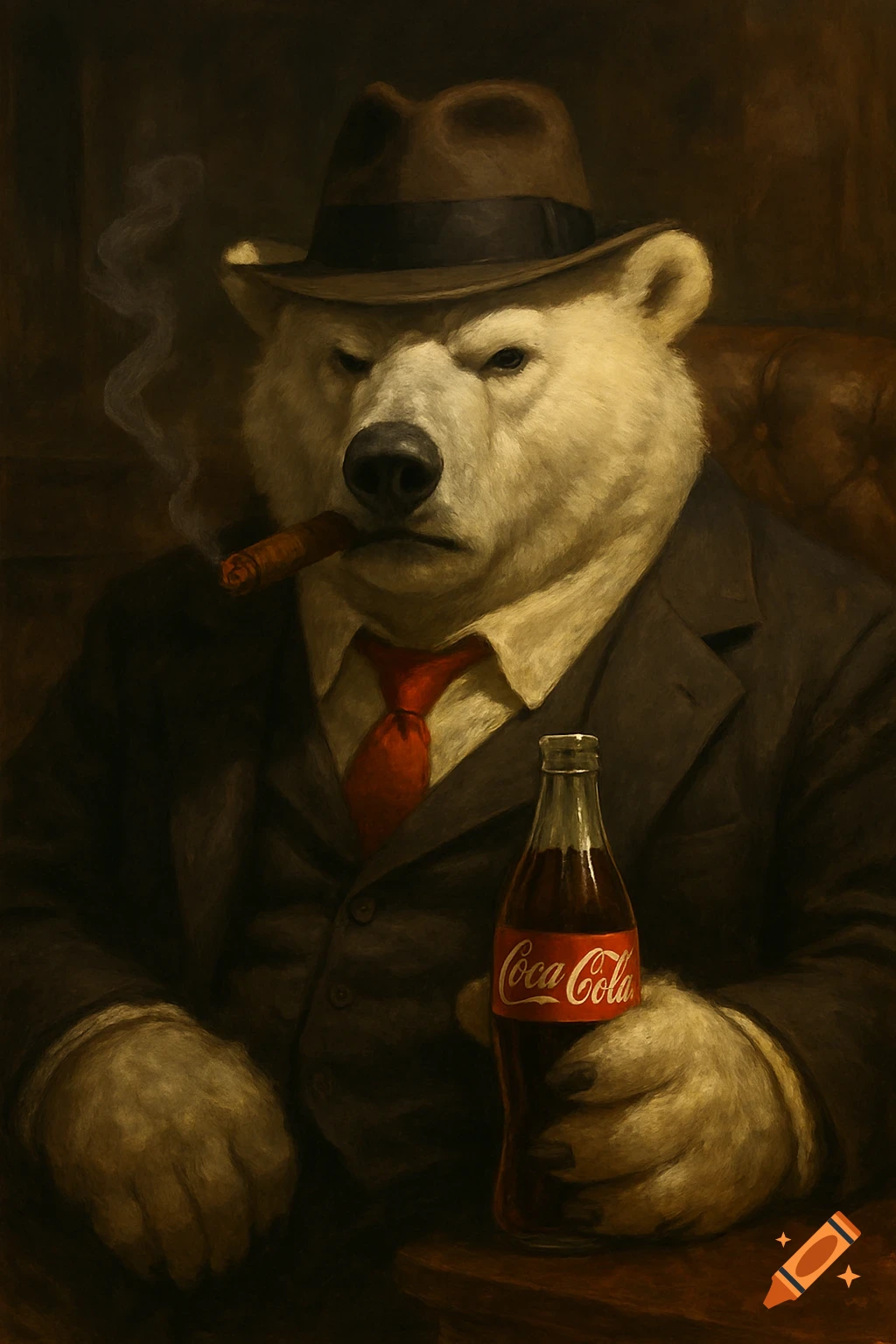 A realistic painting of a polar bear mobster in a suit and fedora, smoking a cigar and holding a Coca-Cola bottle.