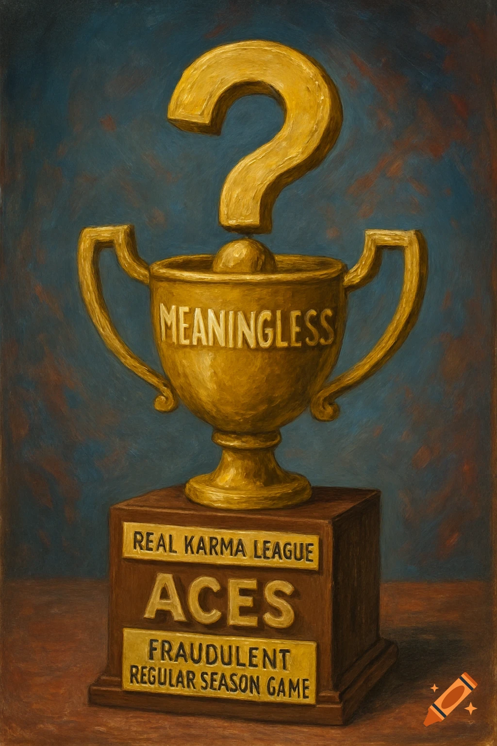 An oil painting of a golden trophy with a question mark on top, sitting on a wooden base inscribed with 'MEANINGLESS', 'REAL KARMA LEAGUE', 'ACES', and 'FRAUDULENT REGULAR SEASON GAME'.