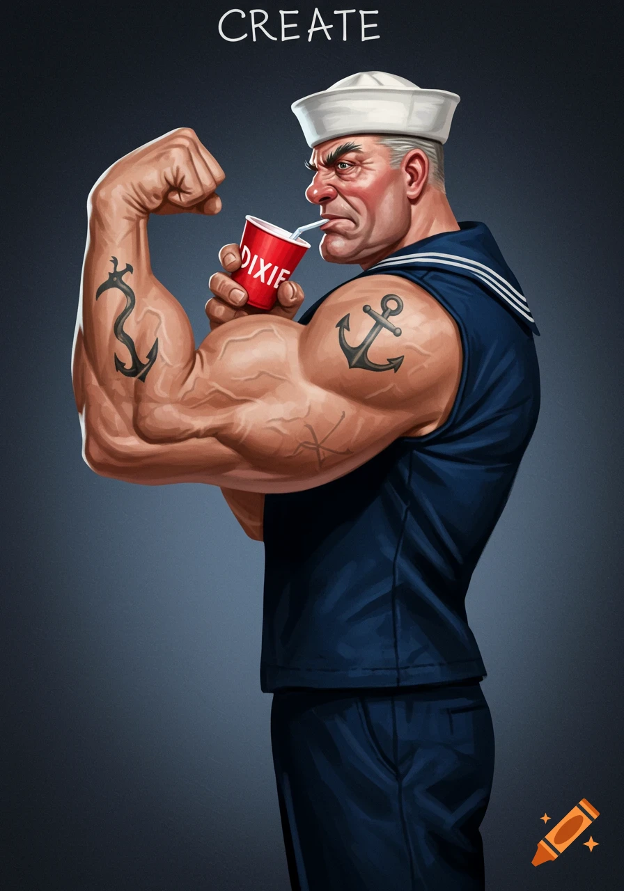 Illustrative portrait of a muscular sailor in uniform flexing his bicep with an anchor tattoo, drinking from a red cup. Text 'CREATE' above.