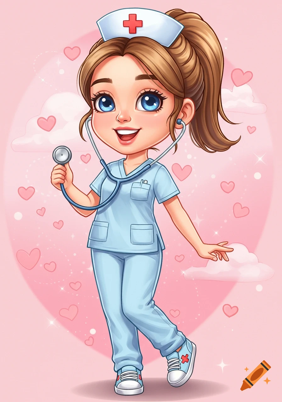 A cute cartoon nurse with brown hair and blue scrubs holds a stethoscope on  a pink background with hearts. on Craiyon, image size:896x1280