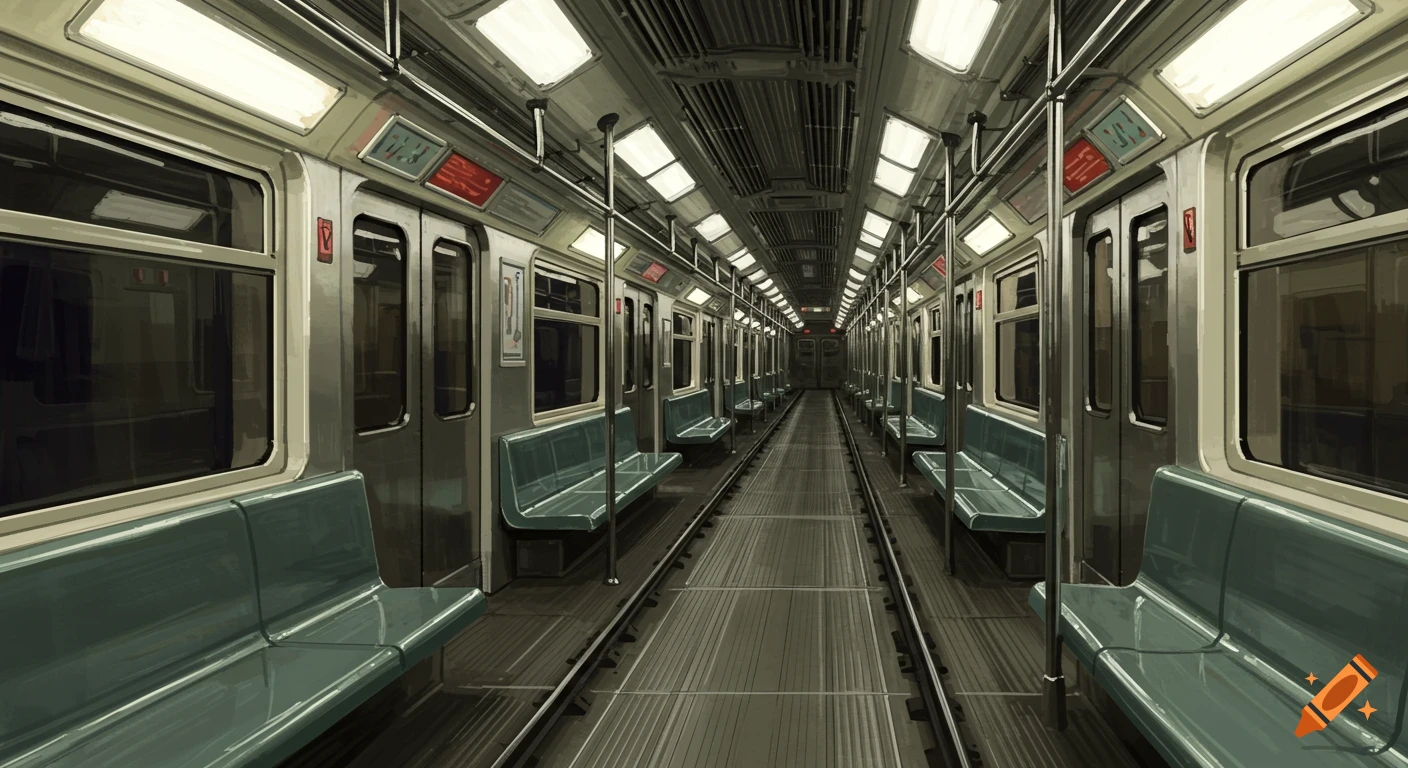 High definition illustration of an empty, brightly lit, narrow elevated train interior with green seats and a ribbed floor.