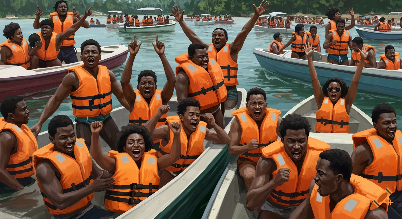 A super crowded lake scene filled with Black people celebrating on boats, all wearing orange safety life jackets.