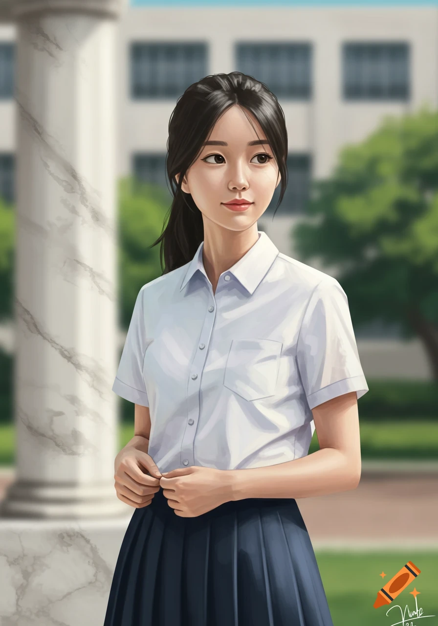 Digital painting of a young woman in a white collared shirt and dark pleated skirt, standing outdoors with a building in the background.