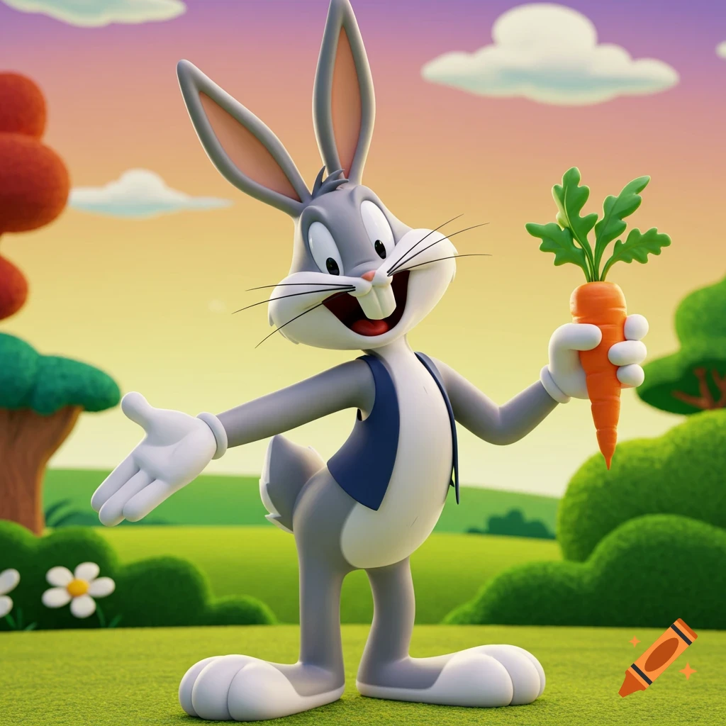 Bugs Bunny holding a carrot in a vibrant green field under a colorful sky.