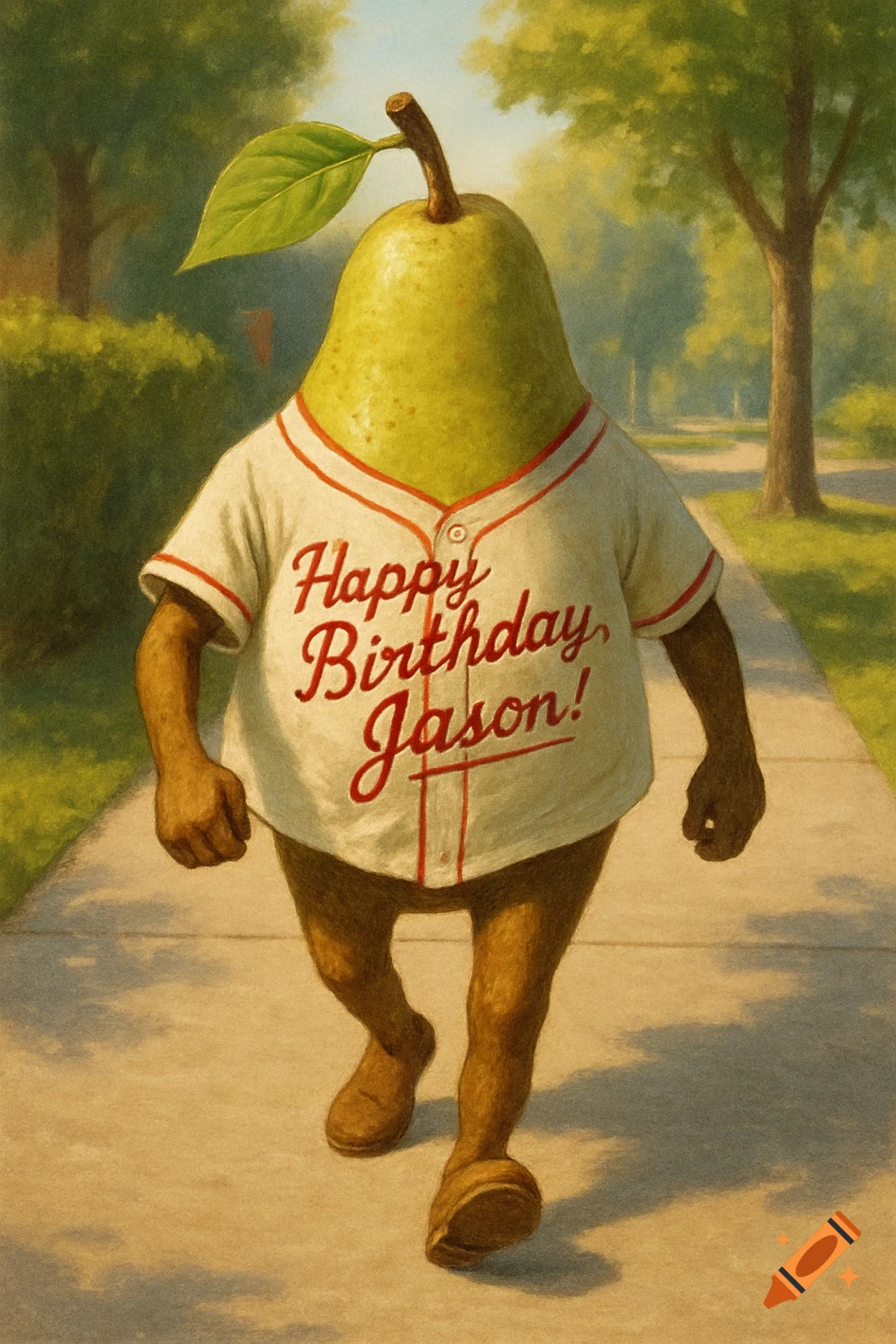 An anthropomorphic pear with a leaf on its stem walks on a sidewalk, wearing a white baseball jersey that says 'Happy Birthday, Jason!' in red cursive.