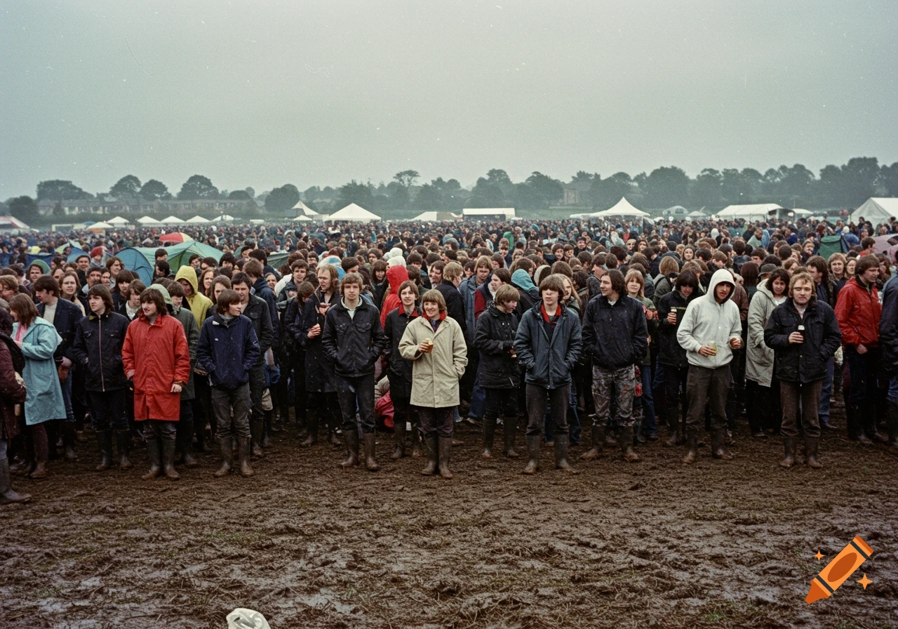 A large crowd of people standing in a muddy field at an outdoor music festival under a cloudy sky. Tents are visible in the background.