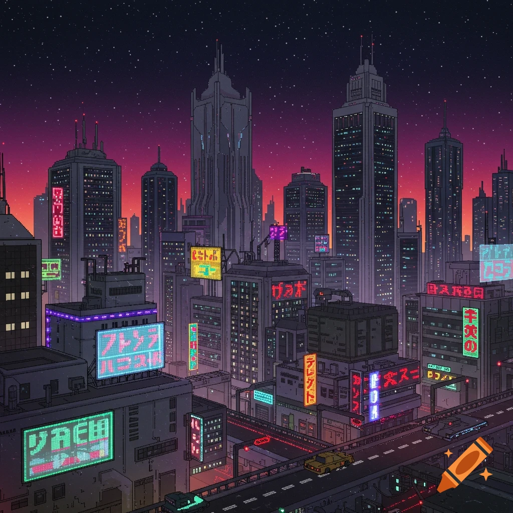 A pixel art cityscape at night with tall buildings, neon signs, and elevated roadways, under a star-filled sky.