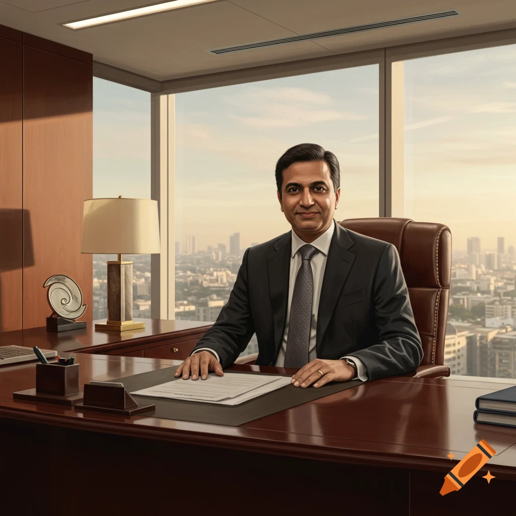 A man in a suit sits at a desk in a large office overlooking a city skyline.
