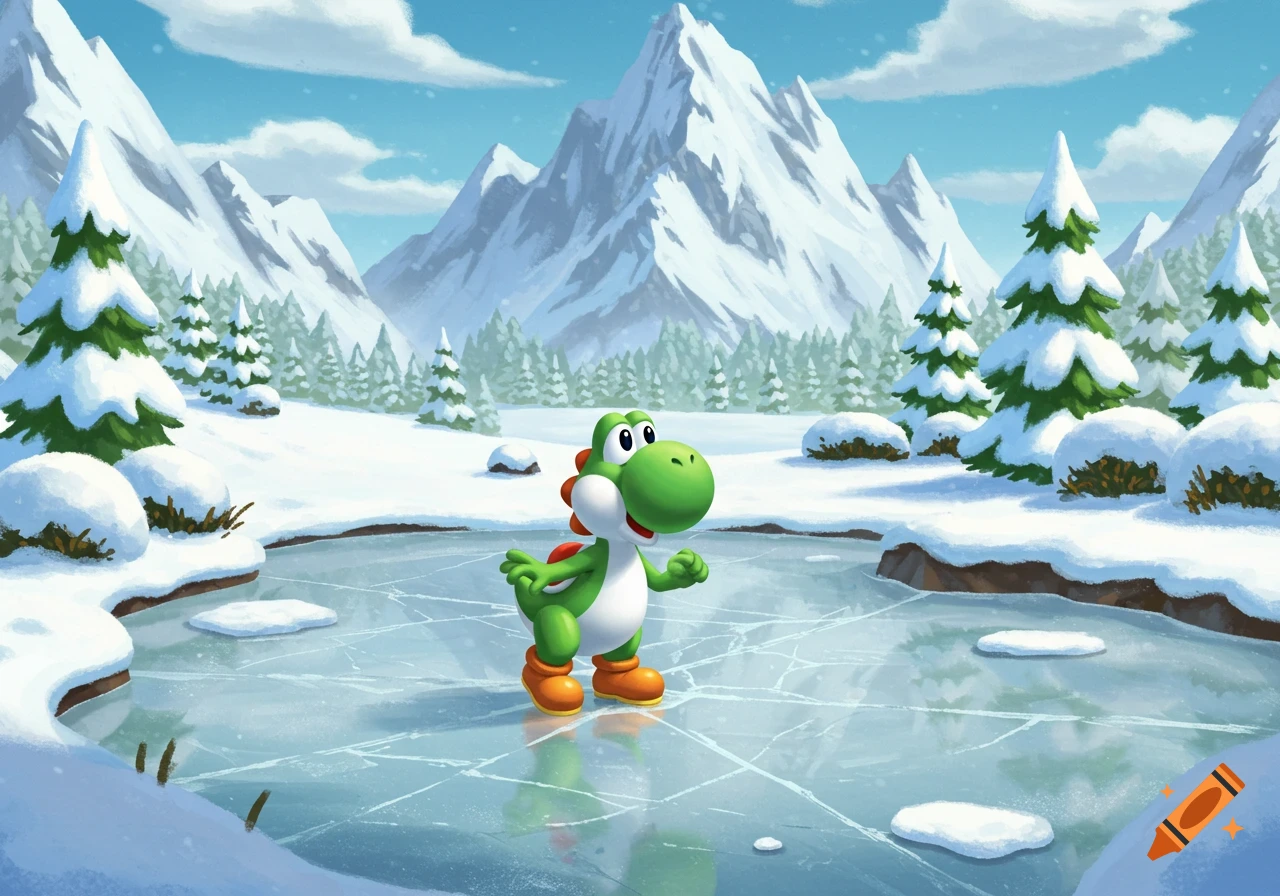 Yoshi stands on a frozen pond surrounded by snow-covered mountains and pine trees in an illustrated winter landscape.