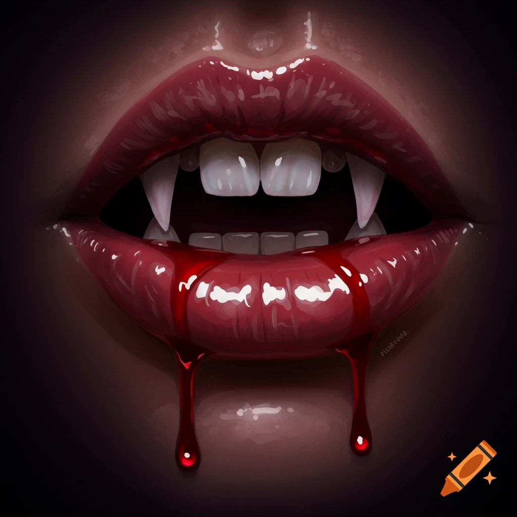 Close-up of glossy red lips with sharp vampire fangs and blood dripping from the lower lip.