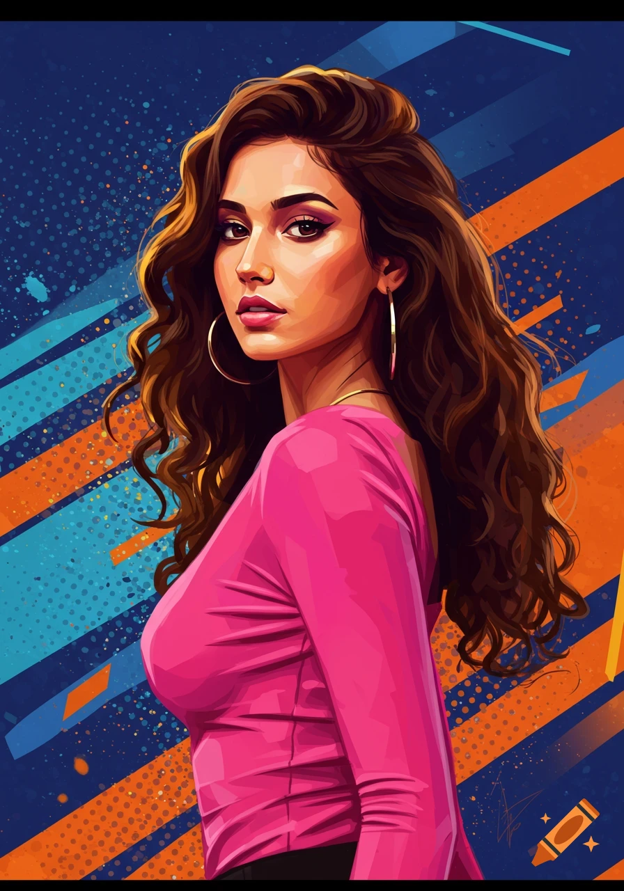 An illustrated pop art portrait of a woman with long wavy brown hair, wearing a pink top and hoop earrings, against a blue and orange abstract background.