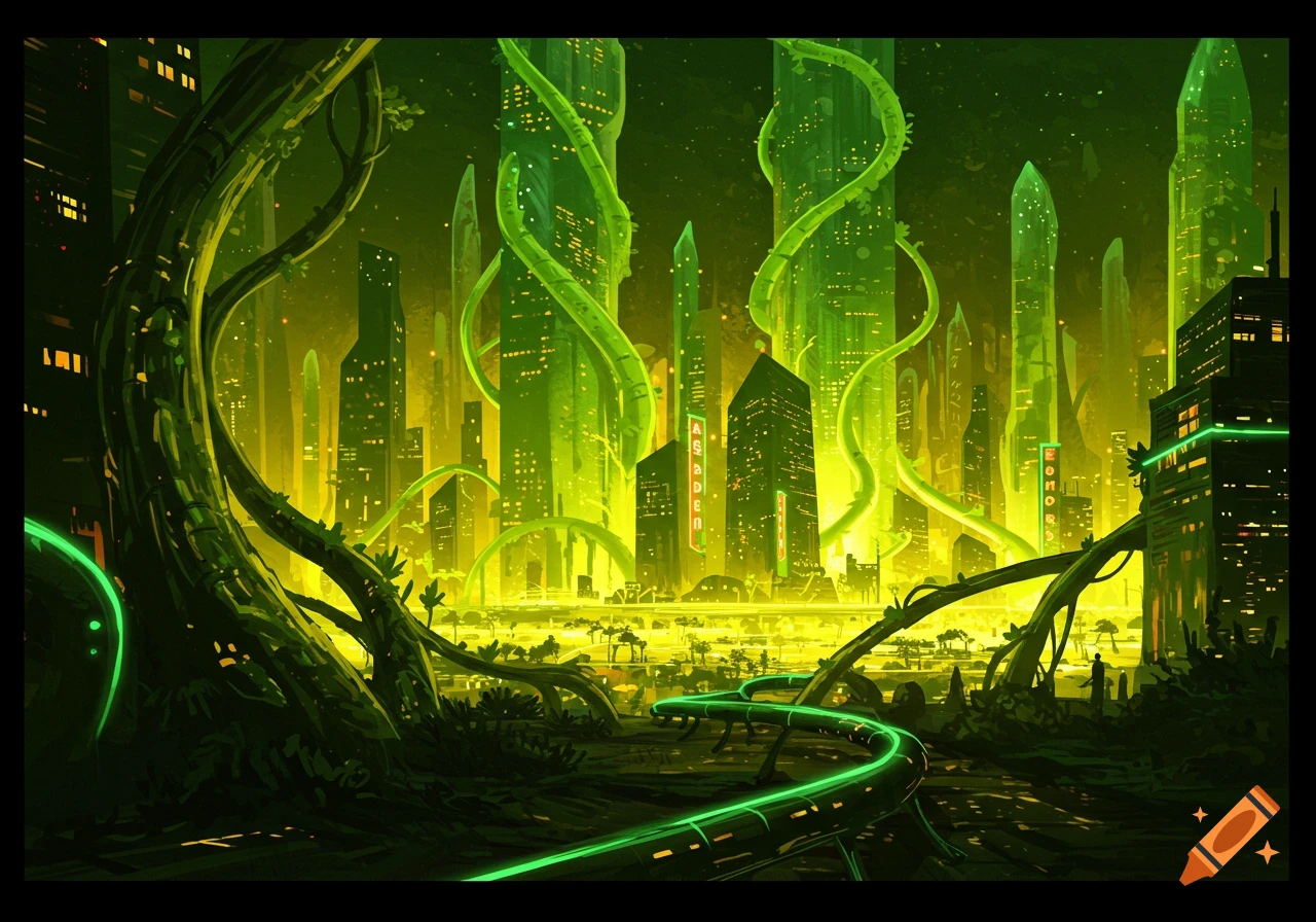 A vibrant, futuristic city at night, illuminated by glowing green light and overgrown with massive, luminous vines.